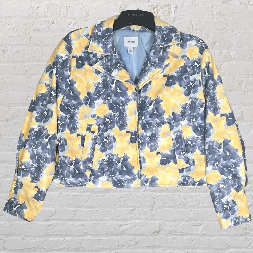 Nine West Faux Leather Floral Lined Crop Blazer Size L Blue Yellow Smart Casual